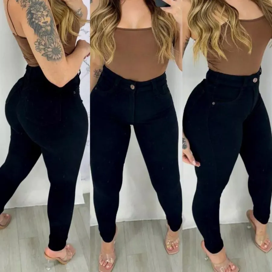 Calça Jeans Preta Feminina Skinny Cintura Alta com Lycra Levanta Bumbum