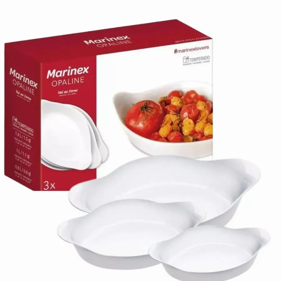 Conjunto Assadeiras Marinex Opaline Oval Vidro 0,6L 1,0L 1,4L 3 Peças Branco Resistente Forno Mesa | Shopee Brasil