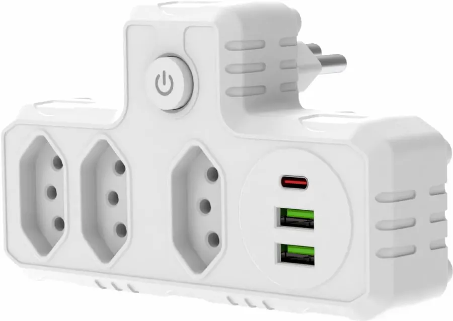 Extensão Tomada, Régua Tomada, Régua de Energia, Adaptador Tomada, 3 Tomadas, 2 Interfaces USB, 1 Porta USB Tipo-C (Branco)