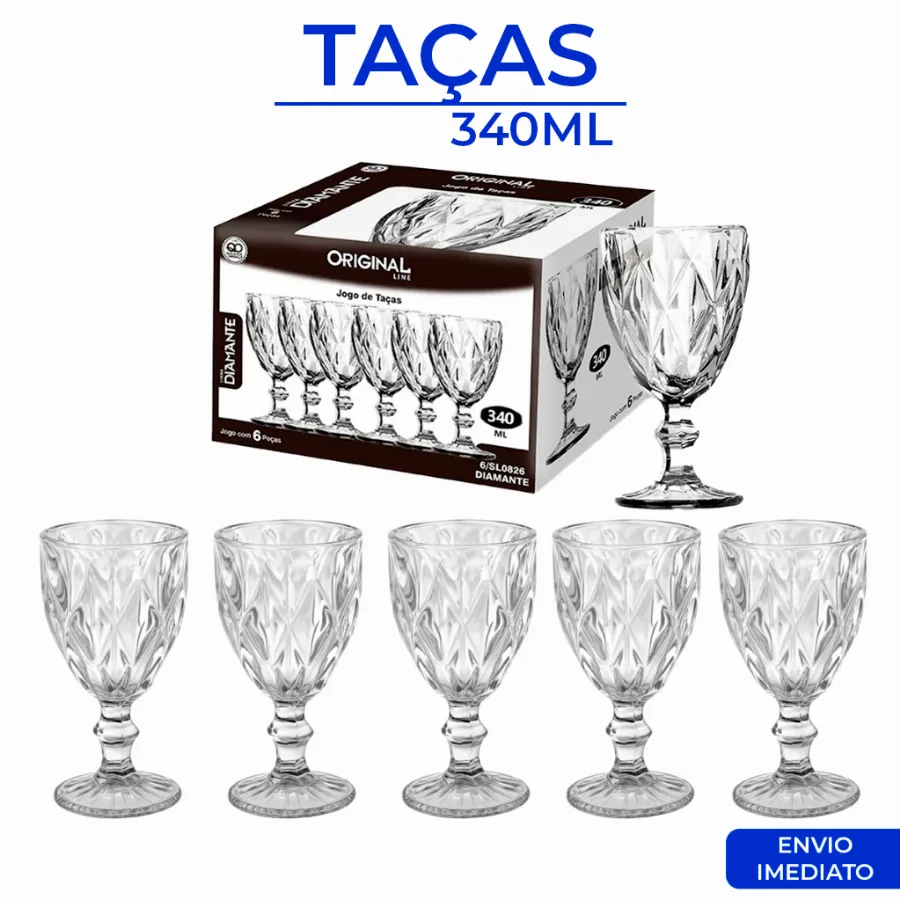 Jogo Taças Vidro 340Ml Diamond Bico Jaca Abacaxi Conjunto Taça Para Água Vinho Tinto Suco Diamante | Shopee Brasil