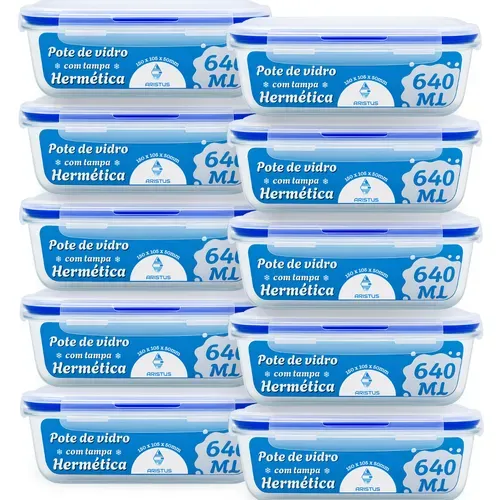 Kit 10 Potes Vidro Hermético Aristus 640ml Marmita Anti Vazamento Forno Micro-ondas Freezer Tampa 4 Travas - Azul