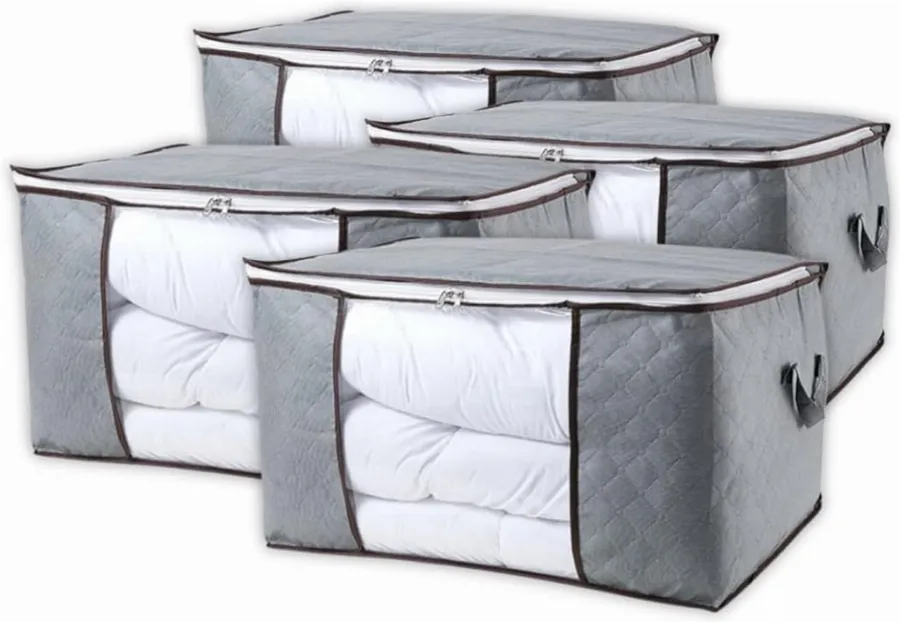 Kit 4 Organizadores de Armário Roupas Cobertores – Caixas Dobráveis Cinza, Zíper e Alças Laterais para Armário/Closet