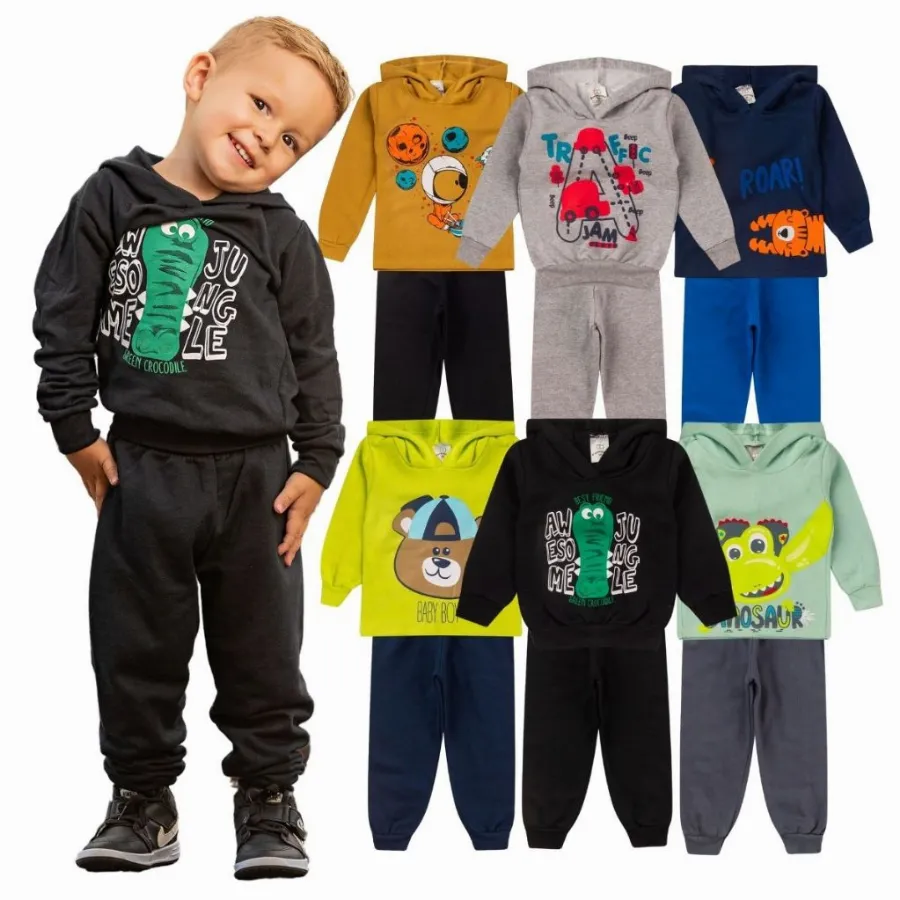 Kit 4 Peças Conjunto Moletom Infantil Menino Masculino Inverno Com Capuz Outono | Shopee Brasil