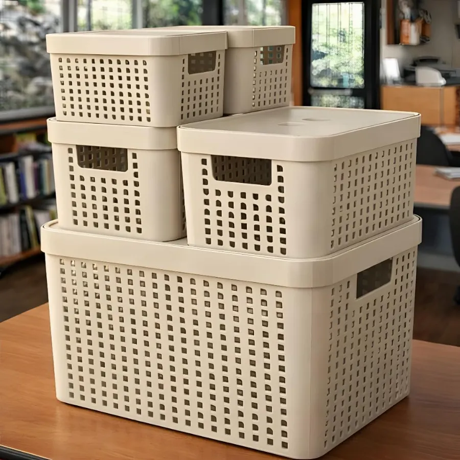 Kit 5 Caixas Organizadoras com Tampa Plástico Resistente Multiuso Armário Cozinha Lavanderia (BEGE)