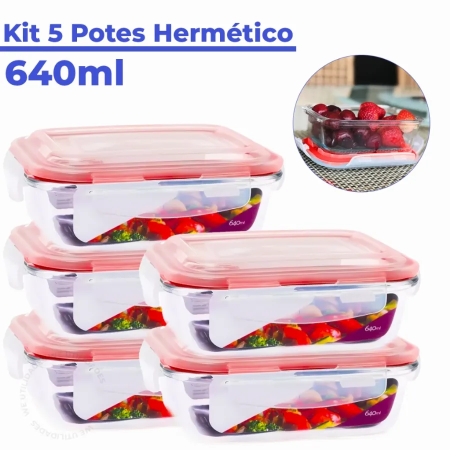 Kit Pote de Vidro Hermético  Retangular 640 ml 3/5 Unid Marmita Microondas | Shopee Brasil