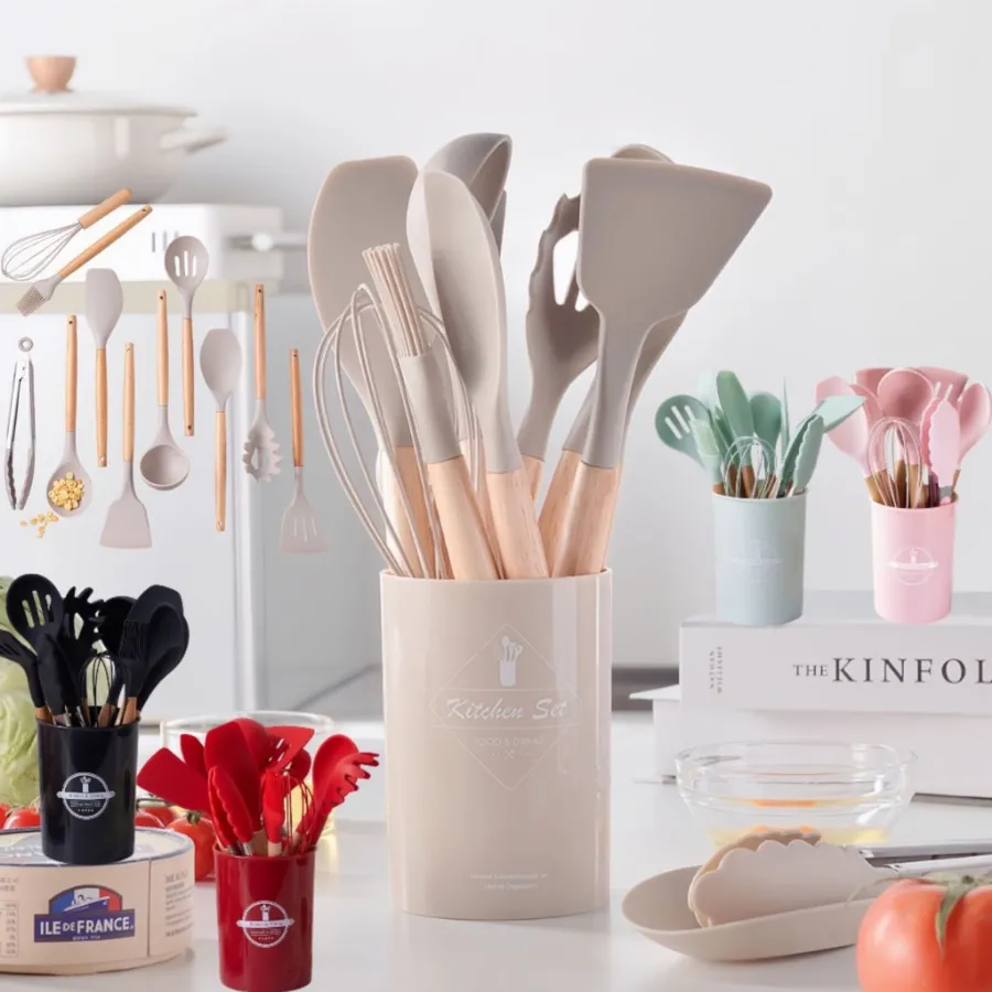 Kit Utensílios de Silicone 12 Peças Cozinha Antiaderente Resistente