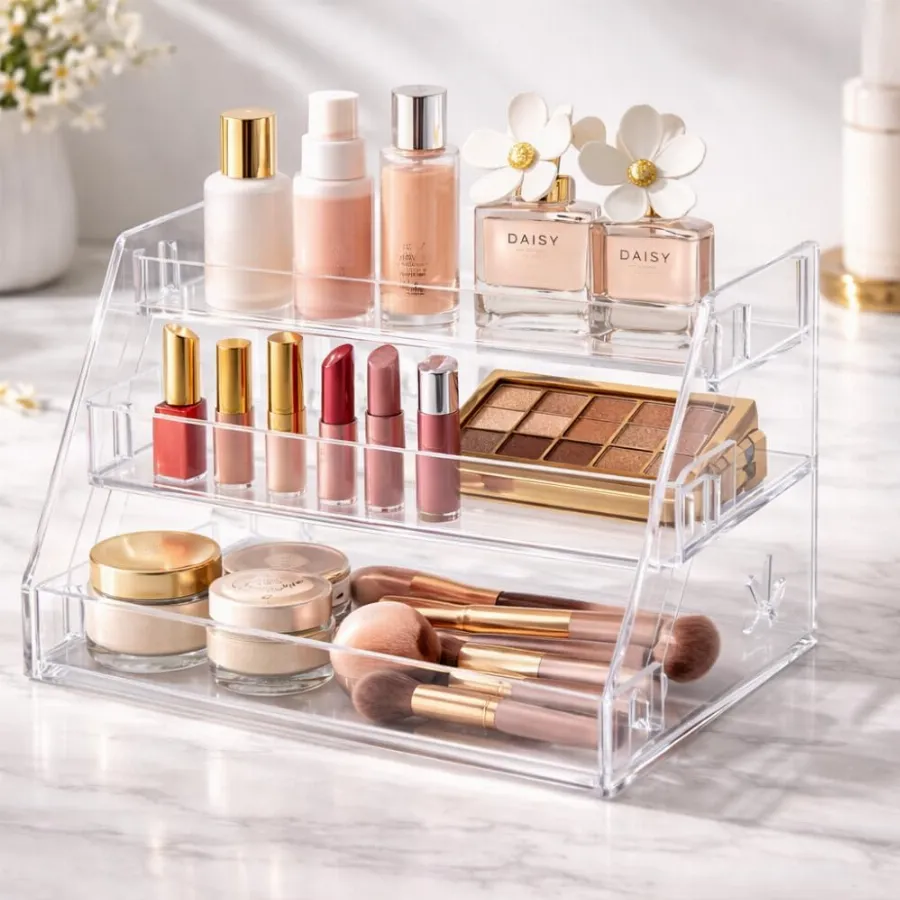 Organizador Porta Maquiagem Acrílico Multinível 3 Andares Expositor Perfume Cosméticos Esmalte Tinta Tatuagem 28x17x11 cm Make Multiuso