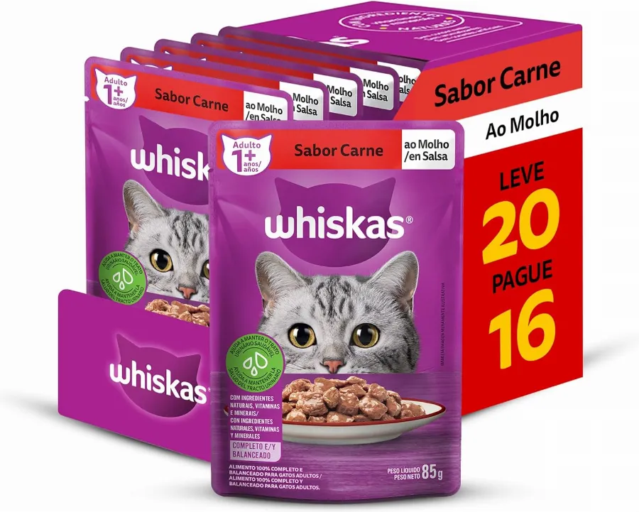 Pack Ração Úmida Whiskas Sachê Carne ao Molho para Gatos Adultos - Leve 20 Pague 16