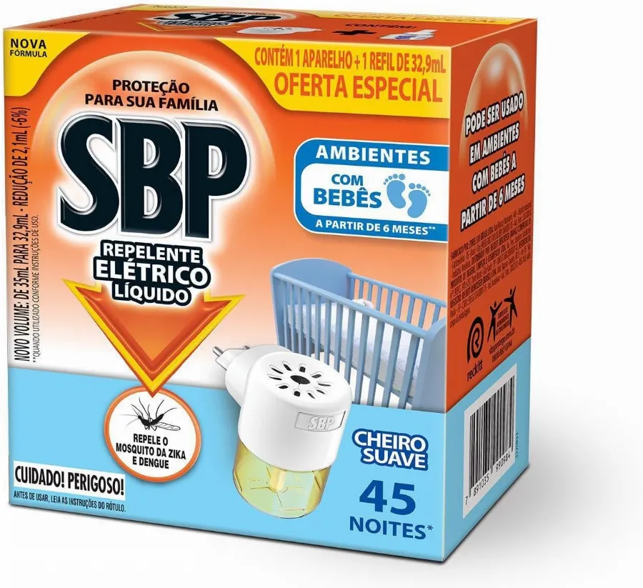 Repelente Elétrico Líquido SBP 45 Noites Cheiro Suave Novo Aparelho + Refil
