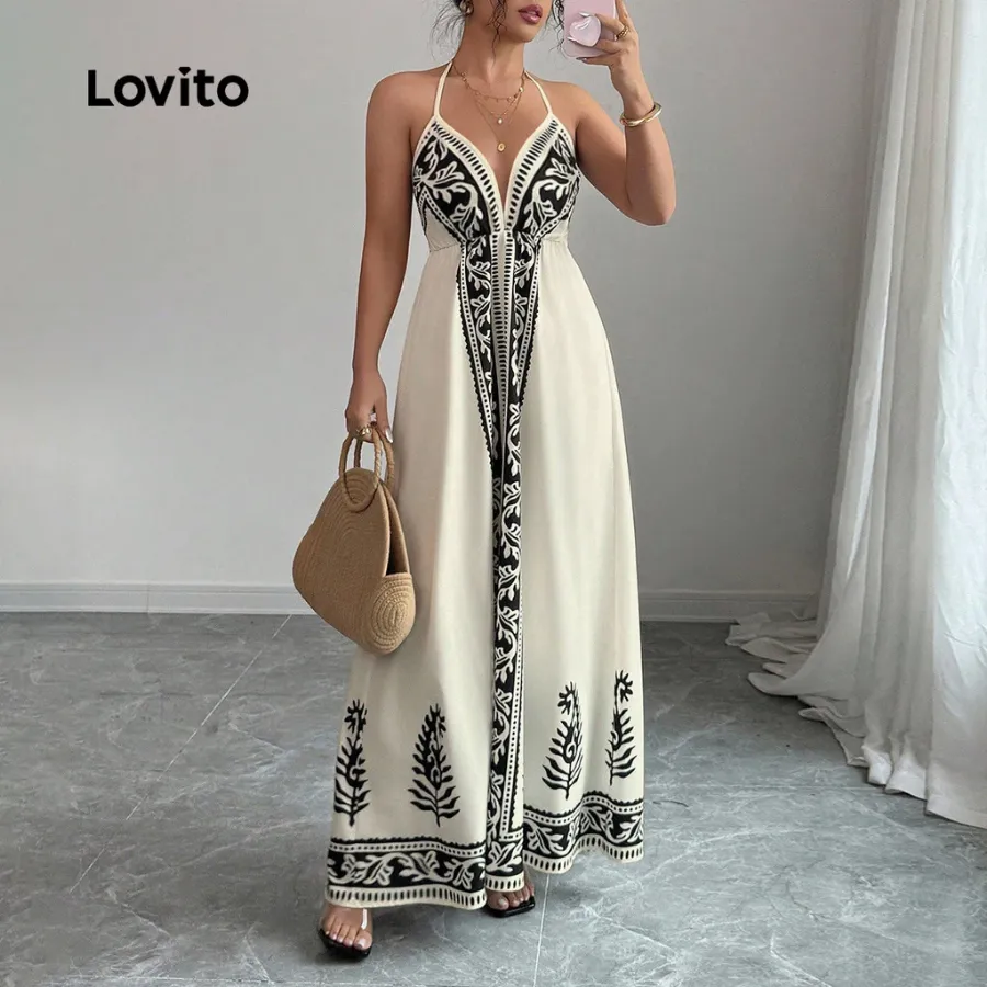 Vestido Boho Lovito Sem Costas Estampa Tribal Verão